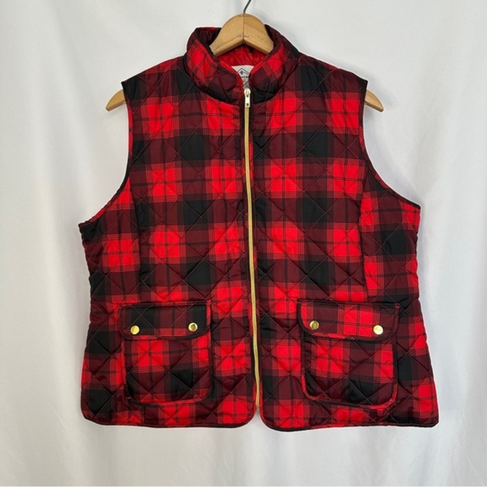 St. Johns‎ Bay Quilted Puffer Vest Jacket Womens Plus XXL Full Zip Red Plaid